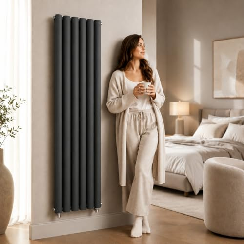 The Radiator Hub AURA 1600 x 360mm Anthracite Double Oval Vertical Designer Radiator, Tall 6 Oval Column Tubes, Double Panel Wall Mounted Central Heating Radiator for Bathroom, Kitchen & Hallway
