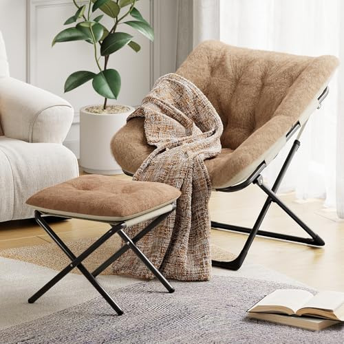 RBFGYIOP Folding Lounge Chair with Ottoman - Comfy Super Soft Oversized Saucer Chair, Iron Frame + Rabbit Fur Comfort Armchair for Living Room, Bedroom, Dorm | Plush Support