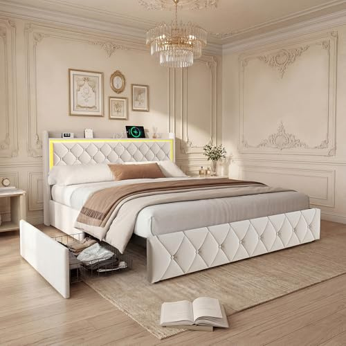 Letto Matrimoniale Francese 140x200 cm in Velluto Beige con Contenitore Idraulico e Alzata a Gas, letto imbottito, Testiera Portaoggetti con Luci LED e Ricarica USB/Type-C, Struttura Letto Salvaspazio