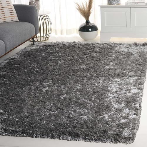 Safavieh Alfombra Shag Sala de Estar, Comedor, Dormitorio - Paris Shag Collection, Pelo Largo, Plata, 152 X 244 cm
