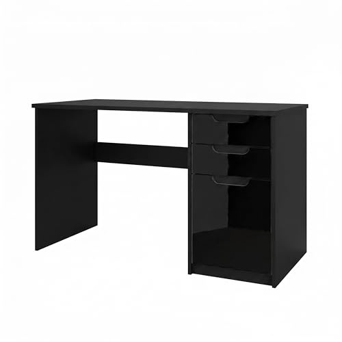 Vladon Schreibtisch Logan, Made in Germany, Bürotisch mit 2 Schubladen und 1 Tür, Schwarz matt/Schwarz Hochglanz (129 x 76 x 60 cm)
