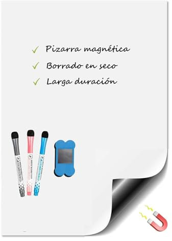 MERYLAND Pizarra Magnética Nevera Blanca A3, Tablero Magnético de Borrado en Seco con 3 Rotuladores y un Borrador, Pizarra Cocina Pared Imán, Lámina pared imantada, Magnetic Whiteboard