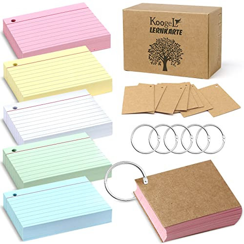 Koogel Karteikarten A8 mit Metallringen, 500er Set in 5 Farben, Lernkarten für Vokabeln, Formeln, Notizen, 7.3 x 5.1 cm