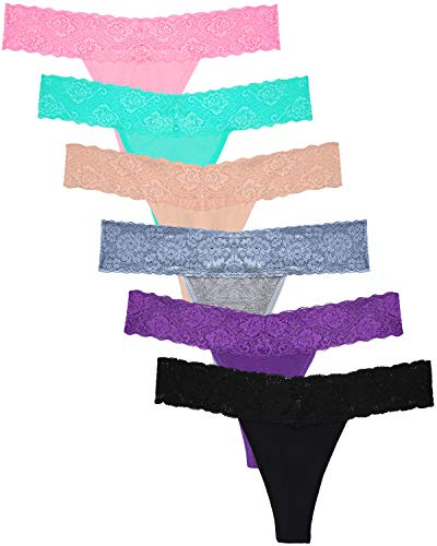 Sunm Boutique 6 Pack Lace Thongs For Women Seamless Knickers, Women's Cotton Lace Thong Low Waist Lace Underwear, Briefs Ultra Soft Ladies Underwear Multicolor Panties Multipack Thongs