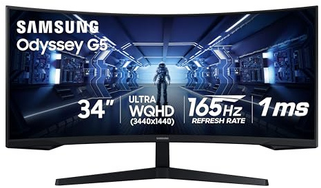 Samsung 34' Odyssey G5 Ultra-Wide Gaming Monitor with 1000R Curved Screen, 165Hz, 1ms, FreeSync Premium, Large Display, Eye Comfort, Multiple Ports, WQHD, LC34G55TWWNXZA, Black