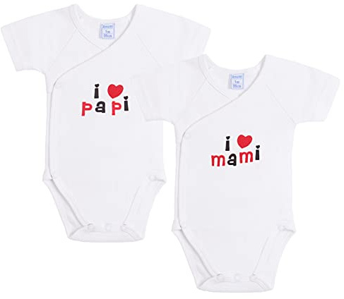 AMOMÍ Body Bebé Cruzado para Recién nacido Manga Corta personalizados I Love mami, I Love papi 0 Mes100% algodón combed (0 Mes, A21048/0M)