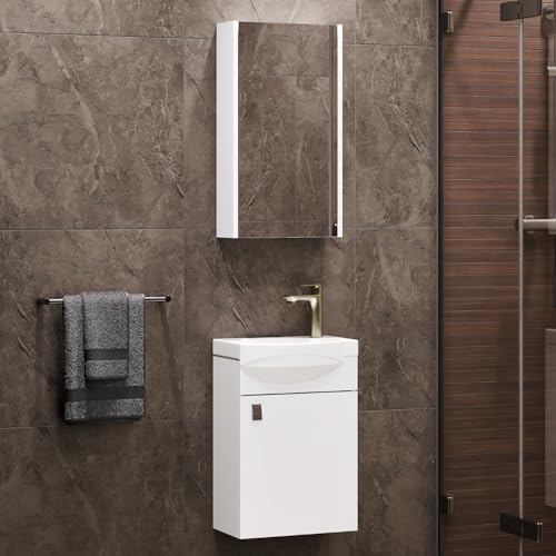 Planetmöbel Badmöbel Set Waschtisch mit Unterschrank | 40 x 60 x 29 cm, Spiegelschrank 40 cm für Badezimmer, Gäste WC & Bad, Weiß