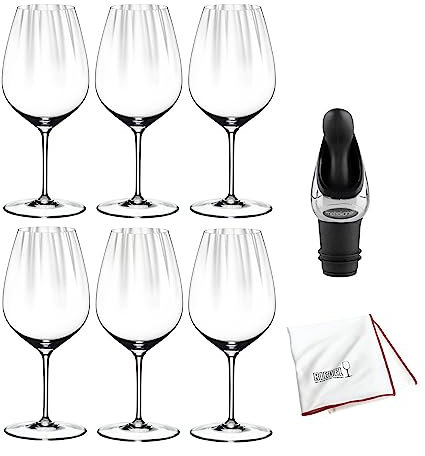 Riedel Performance Weinglas (Cabernet, 6er-Pack) mit Weinausgießer und Mikrofaser-Reinigungstuch, 5 Stück
