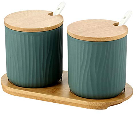 OnePine Lot de 2 Pot à épices Sel Spice Jar Condiments boîte Bol à Sucre Cuillère en céramique et Couverture