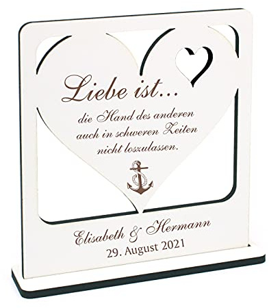 Deko Aufsteller Spruch Liebe - mit Anker Motiv - inkl. Namen und Datum - 16 x 16 cm