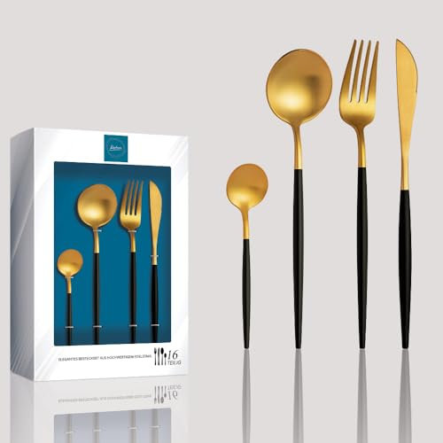 Kadum - 16-teiliges Besteckset Modernes Besteckset aus Edelstahl, 4x Suppenlöffel 4x Tafelgabel 4x Speisemesser 4x Teelöffel (Gold mit schwarzem Griff)