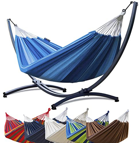 Potenza Outdoor Hängematte mit Gestell für 2 Personen I Baumwolle Doppelhängematte XXL 220x160, 200kg I Hängemattengestell 220kg, wetterfest (Blau, Basic Gestell Graphit)