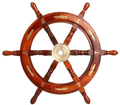 Brainmart Handcrafted Brass & Wooden Ship Wheel | Premium Nautical Decor | Pirate Captain Boat Welcome Aboard Ship Steering Hanging Wheel for Home (12 Inches Anchor & Strips Ship Wheel).