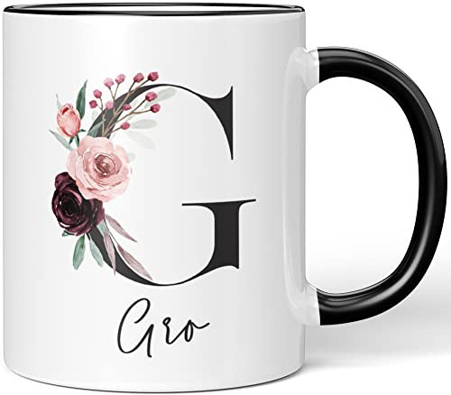 JUNIWORDS Tasse, Gro, Name Anfangsbuchstabe Initial Alphabet Floral Buchstabe G Monogramm Motiv, Schwarz (5571593)