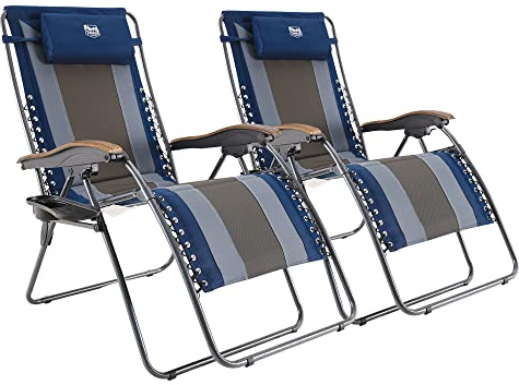 TIMBER RIDGE Outdoor Reclining Padded with Adjustable Headrest and Cup Holder Foldable Zero Gravity Lawn Chair for Adults, Supports 350 LBS, Blue-2 Pack