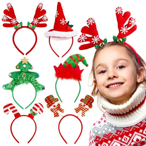 BOFUNX 6pcs Cerchietti per Capelli Natale Fasce Natalizie Bambini Cerchietti Natalizi Accessori per Capelli Natale Cerchietti Renna Natale Bambini Donna