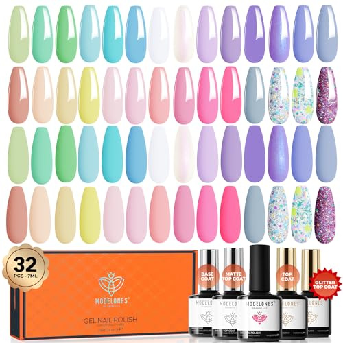 MODELONES 32Pcs Uv Nagellack Set, 28 Farben Gel Nagellack Set mit mit Base Coat, Matte& Glossy& Glitter Top Coat, Macaron Farben für Frühlings und Sommer, Nagellack Gellack Set für Nagel Design