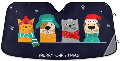 ZRWLUCKY Lustige Auto-Windschutzscheibe, Motiv: Frohe Weihnachten, niedlicher Katzen-Sonnenschutz, Auto-Innenzubehör, faltbare Sonnenblende, UV-Schutz, für Auto, Van, SUV, Jeep, 139,7 x 70,1 cm