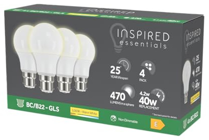 Inspired Essentials B22 Bayonet LED Bulb, Warm White 3000K, 40W 40 Watts Equivalent, 4.2W B22 GLS Bulbs, Light Bulbs, Last up to 25000 Hours, 470 Lumen, Non-Dimmable, Pack of 4