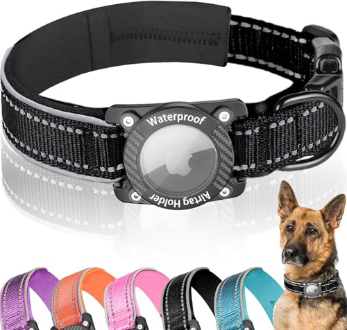 AgoumLux Airtag Hundehalsband, Air Tag Wasserdicht Hundehalsband mit Airtag Halter, Reflektierendes Airtag Halsband Hund mit Weicher Polsterung für Kleine, Mittlere und Große Hunde, Schwarz, S