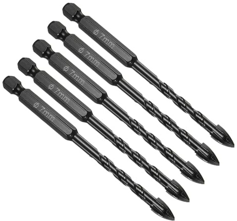 CoCud Masonry Drill Bit, 7mm Cutting Dia 100mm Length 1/4 Hex Shank Carbide Cross Tip Concrete Drill Bit Set Black - (Applications: for Wood Glass Brick Cement), 5-Pieces