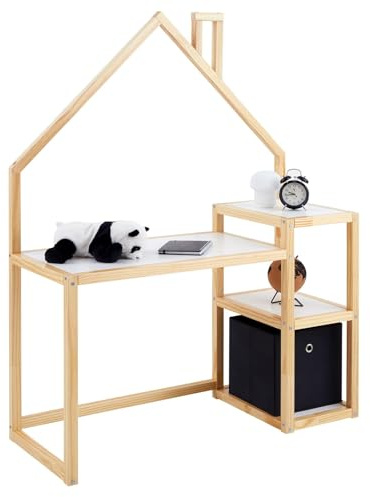 Kinderschreibtisch NIVIA Hausform natur/weiß mit Regal Stauraum gefertigt aus Kiefer Massiv. Stabil langlebig perfekt für Kinderzimmer. Montessori-Möbel ideal für Hausaufgaben oder Bastelarbeiten.