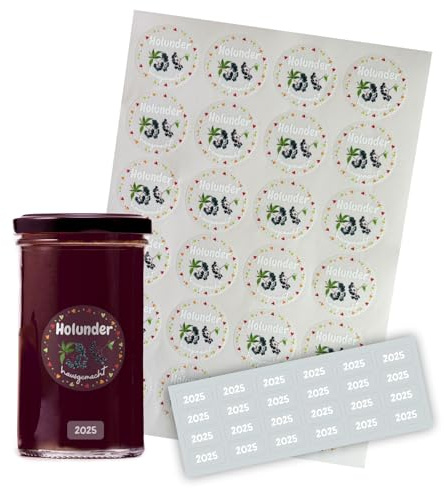 FOTOFOL transparente Aufkleber Marmelade, Sirup + 24 Jahresetiketten- selbstklebende Etiketten für Marmeladengläser, Deckeletiketten, Einmachgläser (Holunder)