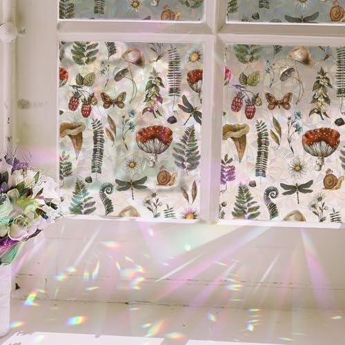 Funlife Fensterfolie Dekorative Buntglas-Fensterfolie，Statische Regenbogen Dekorfolie，Sichtschutz Fensterfolien für Zimmer Büro, 43x100cm Vintage Gänseblümchen und Pilz