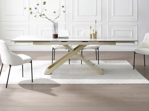 Vente-unique-Esstisch für 6 bis 10 Personen ausziehbar - Keramik, Sicherheitsglas & Metall - Marmor-Optik Weiß & Goldfarben - XERENA von Maison Céphy