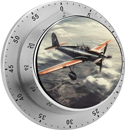 Kitchen Timers for Cooking,Retro Airplane Printed Magnetic Mechanical Stainless Steel Timer for Cooking Fitness Baking Task Reminder