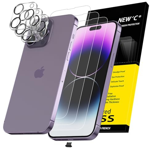 NEW'C 3x für iPhone 14 Pro Max für Panzerglas (6,7 Zoll) und 3x Kamera Panzer Schutz Glas Kameraschutz + Staubschutzstöpsel -kratzfest - extrem widerstandsfähig - 9H-Härteglas folie