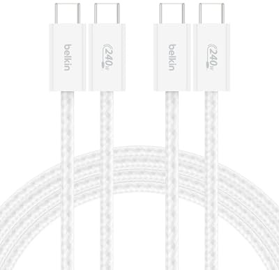 Belkin USB C to USB C Cable ​2-Pack, 6.6ft, 240W - Type C Charger, iPhone Charger Cord, Soft, Braided, Flexible for iPhone 17, Galaxy S25, Pixel 10, MacBook, Chromebook, iPad Pro, Switch – White​