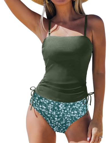 SYKT Traje de Baño Mujer Conjunto de Tankini de Dos Piezas con Control de Abdomen, Estampado, Cordón Lateral, Espalda Descubierta y Tirantes Ajustables