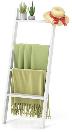 GOPLUS Escalera de Madera para Mantas de 4 Niveles, 137 cm Soporte de Colcha Inclinado para Almacenamiento y Exhibición, Toallero Decorativo Rústico, Estante de Escalera para Baño Dormitorio (Blanco)