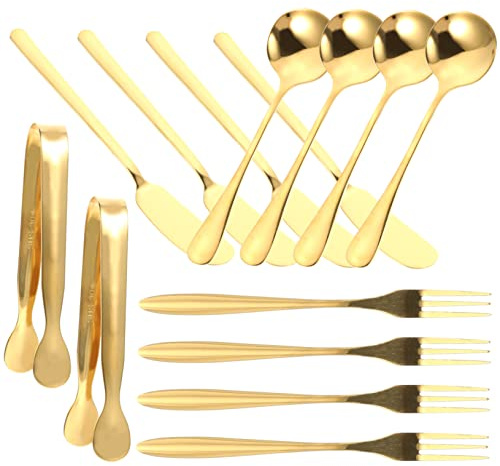 SMASOLO Ustensiles Cuisine Dorés Couteaux à Beurre Et Tartineurs Multifonctions Inox Fourchette Dessert Et Cuillère Pour Fromage Et Pâtisseries Légers Et Faciles à Laver Pour Cuisine
