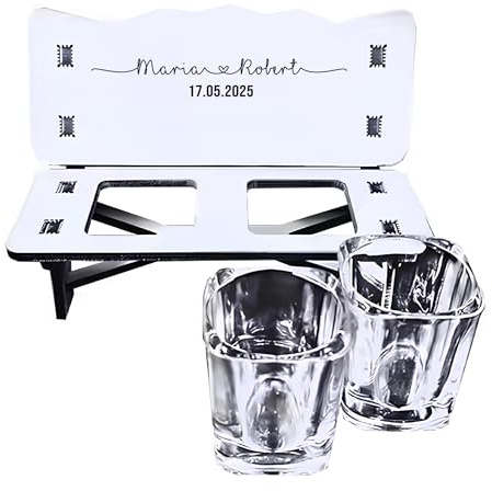 22Feels Schnapsbank mit 2 Gläsern Hochzeitsgeschenk Personalisiert Namen Datum Brautpaar Hochzeitstag Paar Geschenk Valentinstag Jahrestag (Weiss)