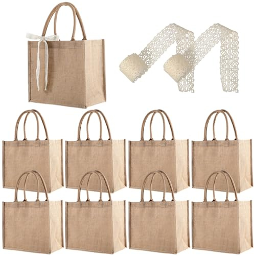 HekouJiub 8Pcs Burlap Tote Bag Bulk Jute Bags with Handles Reusable Blank Jute Tote Bags for Women Bridesmaids Wedding Travel Shopping Burlap Gift Bag with Ribbon (12.2x10.8x6.3 Inch)