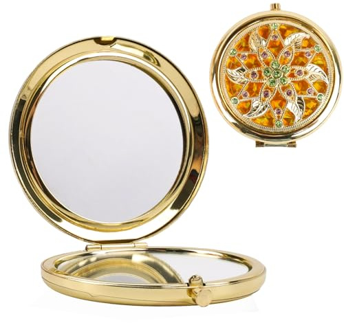 ANNASAMDO 2 Stück Klappspiegel mit Blumenmuster,Vintage Taschenspiegel,Doppelseitiger Metallspiegel 1x/2x Vergrößerung, 6,5cm Kompaktformat für unterwegs (Gold)