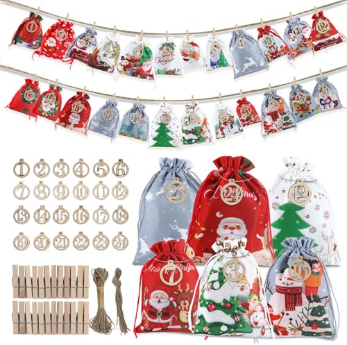 Aischens Calendrier de l'Avent Vide à Remplir 2025, 24 Sacs en Tissu avec Chiffres en Bois de 1 à 24, 4 Tailles Pochettes en Tissu, Calendrier de Noël DIY Cadeau Decoration pour Enfant Femme Cadeaux