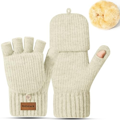 Bototack Winter Fingerless Gloves Warm Thermal Knitted Convertible Mittens Flap Cover for Women Men Cycling Driving Running (Beige)