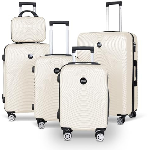 Ystyle Juego de Maletas de Viaje 5 Piezas Rígidas ABS, Trolley Maleta de Cabina, Incluye Equipaje de Mano, Maletas Facturables y Neceser, Ligero y Resistente, Cerradura, Beige
