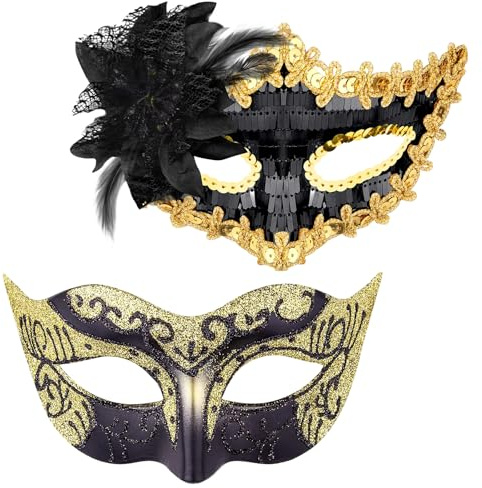 XIABYAYU Venezianische Maske, 2 Stück Augenmaske Fasching, Schwarz, Verstellbare Maskerade Maske für Erwachsene Karneval, Halloween, Cosplay Party