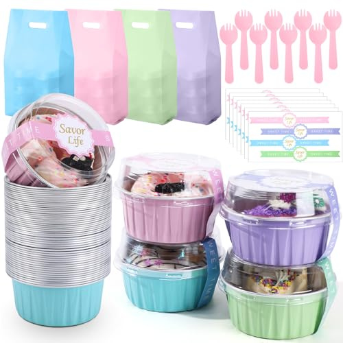 Acellegic 848 Pack Macaron Mini Cake Pans Set with Lids and Spoons Include 5oz Disposable Aluminum Foil Baking Pans, Lids, Spoons, Sealing Stickers and Gift Bags for Cupcake, Pudding, Muffin