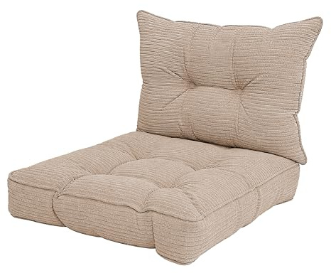 POKAR Stuhlkissen 2er Set 1x Sitzkissen 40x40x10 cm + 1x Rückenlehne 50x40x10 cm | Loungekissen aus Cord | Auflagen für Gartenstuhl und Rattanmöbel | Öko Tex Zertifiziert | Made In EU | Beige