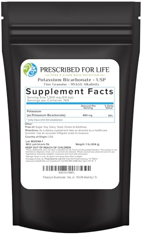 Prescribed for Life Potassium Bicarbonate Powder, Pure USP & Food Grade Potassium Bicarbonate for Plants, Winemaking, & Baking, Crystalline Powder, 39% K (1lb)