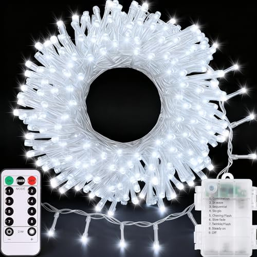 Battery Christmas Lights 10M 100 LED String Lights for Bedroom Garden | Timer, Waterproof, 8 Modes, Remote, Dimmable, Fairy Lights for Indoor Wedding Christmas Tree Wreath Decor,Cool White