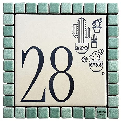 GUIZZO Creart - Personalisierte Externe Hausnummer aus Keramik, Personalisiertes Türschild Straßen Namensschild mit Mosaikrahmen Personalisiertes Eingangstürschild 12x12H Made in Italy Grün/Cremeweiß