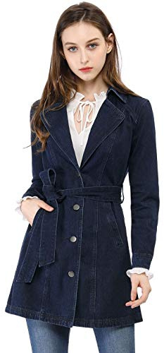 Allegra K Damen Jeansjacke mit Gürtel, gekerbtes Revers, lange Jeansjacke, dunkelblau, M