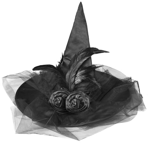 Moonlight Fright Black Witch Hat with Veil and Feathers - Black Witch Hat with Feathers Veil Halloween Accessories for Women and Girls Halloween Costumes - World Book Day Costume Accessories