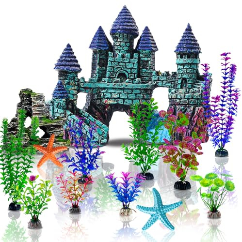 Mechpia 13 Pieces Aquarium Decorations Kit, Fish Tank Decorations Set Small Resin Castle and Rockery Betta Fish Cave Hideout Coral Artificial Plastic Plants Ornament Accessories